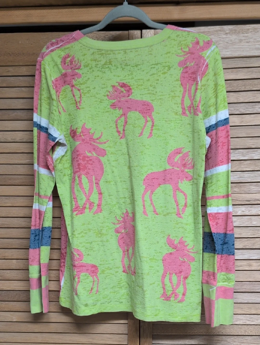 Pink & Lime Moose Print Long Sleeve Tee with Striped Sleeves - Picture 3 of 3